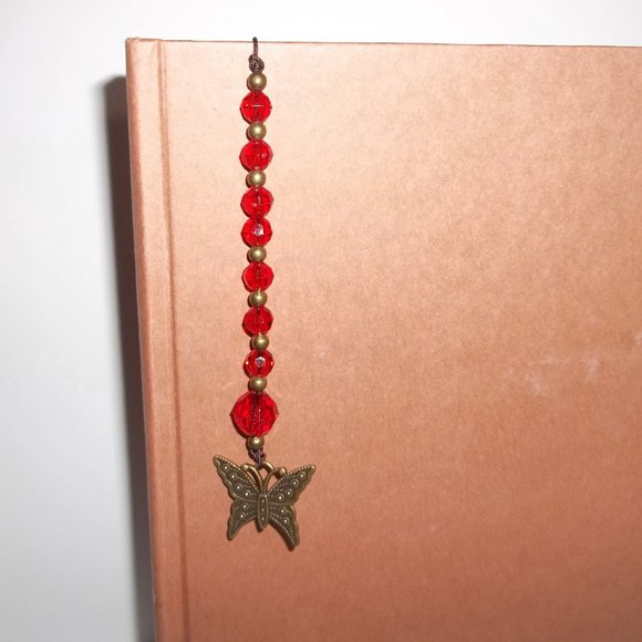 New Bookmark Bookmarker Gift Idea Bronze Butterfly Red Beaded Bookworm Gift 8139 - Picture 3 of 9